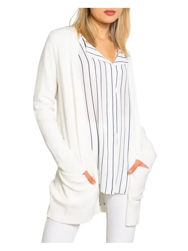 Gestreifter weißer Damen-Cardigan aus Poly Gestreifter weißer Damen-Cardigan aus Poly