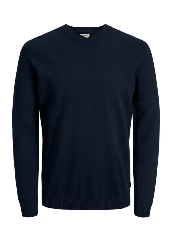 Dunkelblauer Strickpullover mit weißem Label Dunkelblauer Strickpullover mit weißem Label