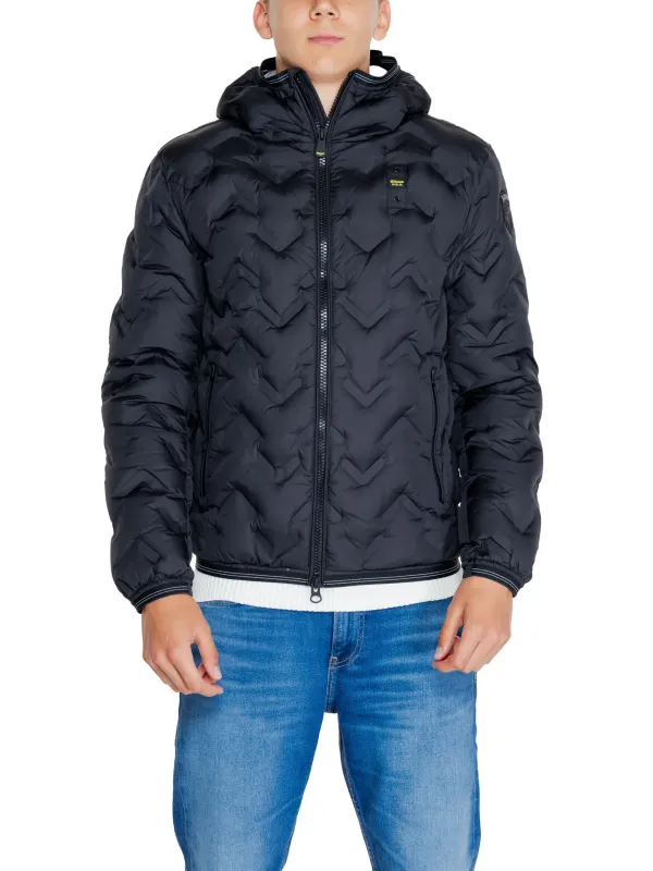 Schwarze gesteppte blaue Herrenjacke mit Kapuze Schwarze gesteppte blaue Herrenjacke mit Kapuze