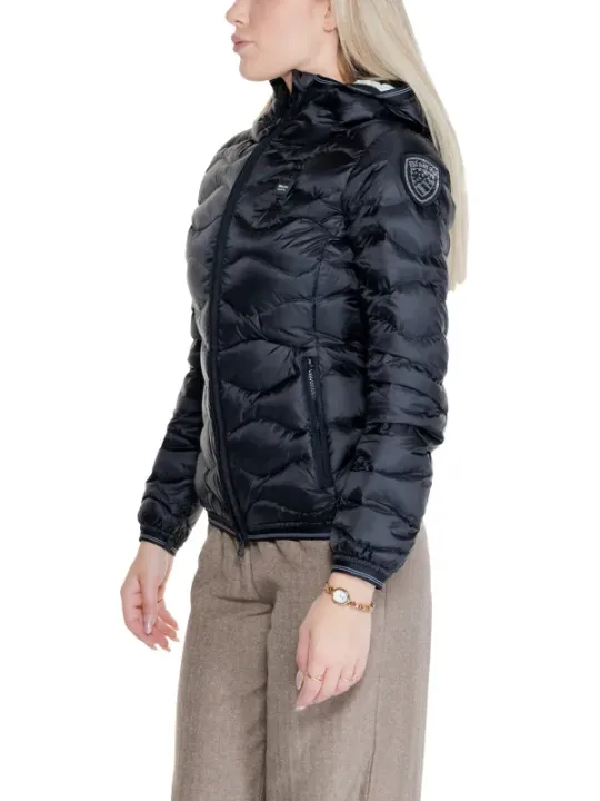 Schwarze blaue Pufferjacke mit Kapuze