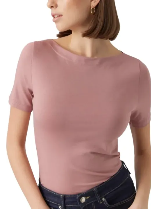 Rosa kurz geschnittenes Rundhals-T-Shirt