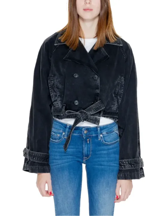 Schwarze Cropped-Denimjacke mit Gürtel