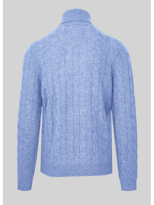 Blauer Wollpullover mit Zopfmuster