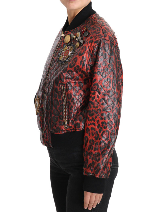 Jackets & Coats Red Leopard Bomber Leather Jacket with Crystal Buttons 7.700,00 € 8058091759415 | Planet-Deluxe