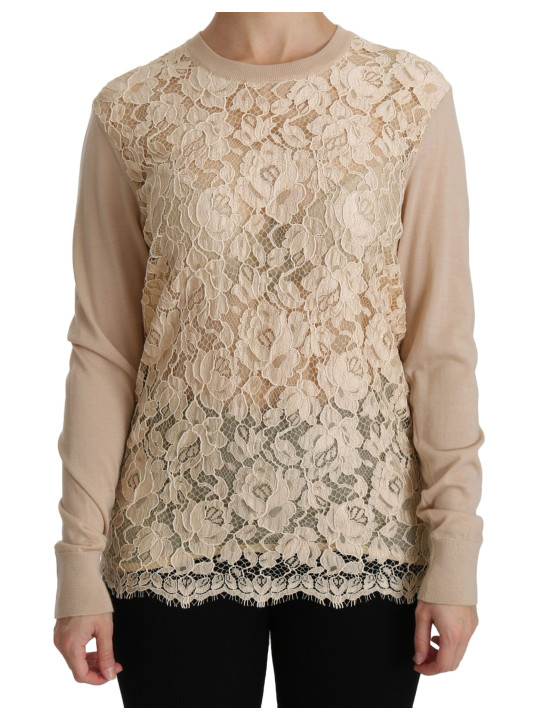 Tops & T-Shirts Elegant Beige Lace Crew Neck Cashmere Blouse 1.110,00 € 8057001884759 | Planet-Deluxe
