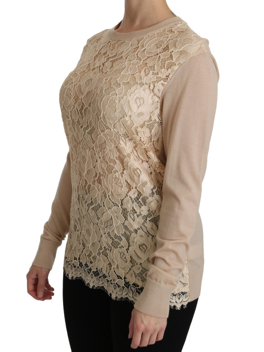 Tops & T-Shirts Elegant Beige Lace Crew Neck Cashmere Blouse 1.110,00 € 8057001884759 | Planet-Deluxe