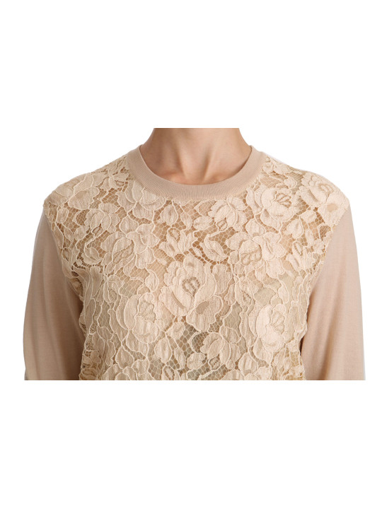 Tops & T-Shirts Elegant Beige Lace Crew Neck Cashmere Blouse 1.110,00 € 8057001884759 | Planet-Deluxe