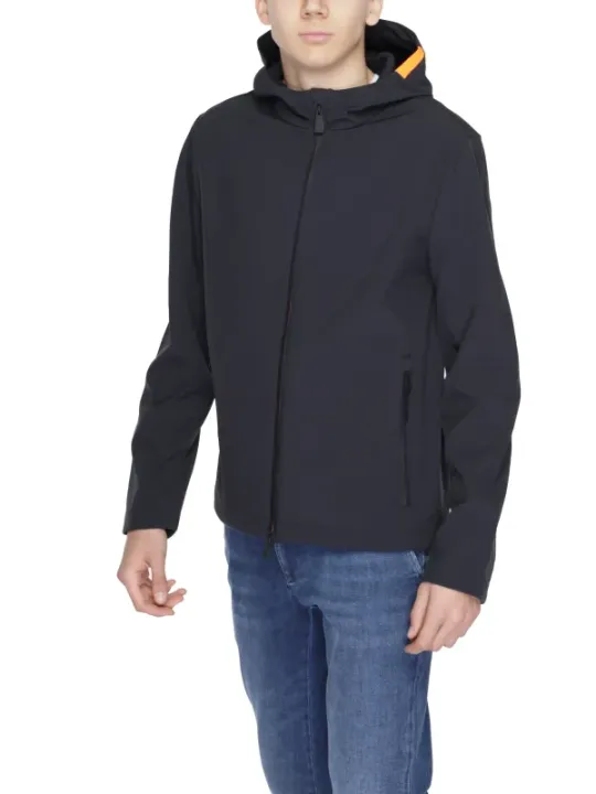 Graue Sportjacke mit orangefarbener Kapuze
