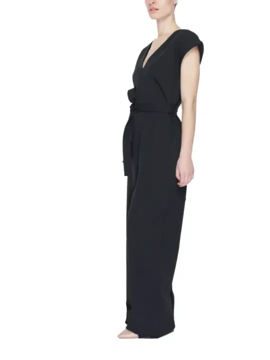 Schwarzer V-Ausschnitt Jumpsuit mit Bindegürtel