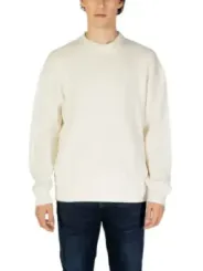 Off-White gerippter Wollpullover mit Rundhalsausschnitt