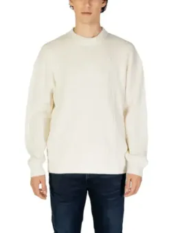 Off-White gerippter Wollpullover mit Rundhalsausschnitt