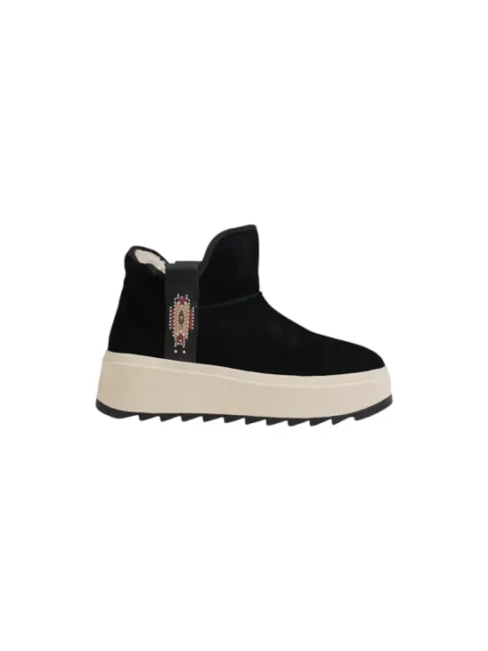 Schwarze Stiefelette mit Pelz und Nieten