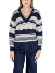 Gestrickter V-Ausschnitt Pullover marine weiß