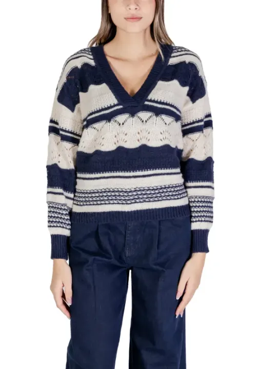Gestrickter V-Ausschnitt Pullover marine weiß
