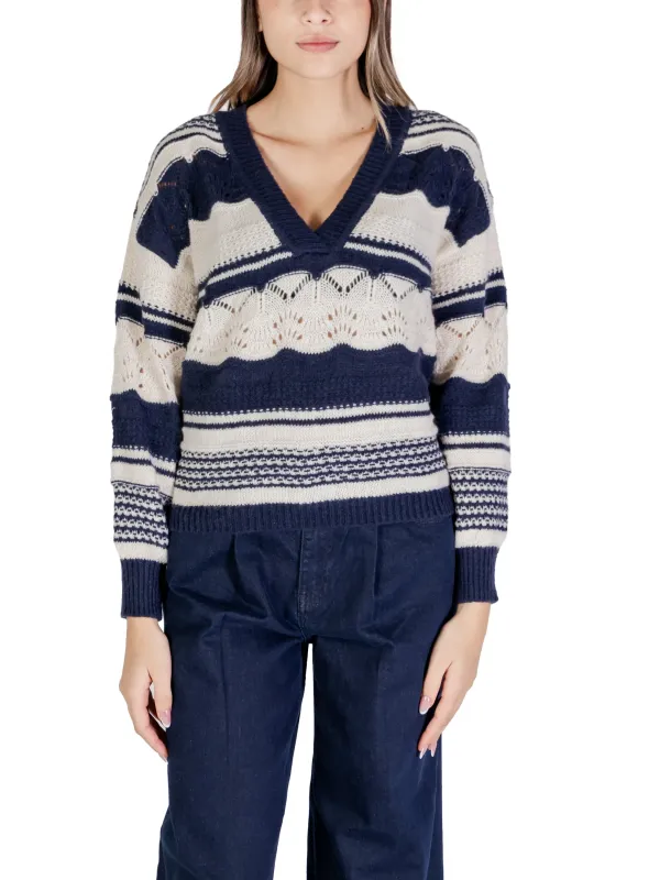Gestrickter V-Ausschnitt Pullover marine weiß