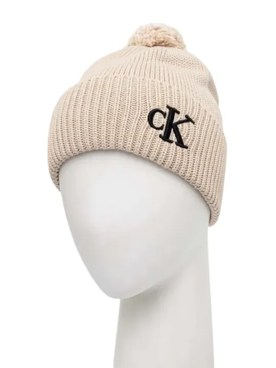 Off-weiße Calvin Klein Strickmütze mit Bommel