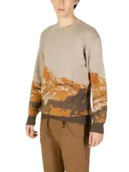 Beiger Wollpullover mit orangefarbenem Muster