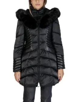 Schwarze Guess-Pufferjacke mit Pelz