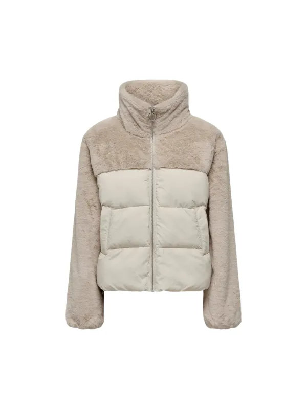 Beige verkürzte Shearling-Pufferjacke