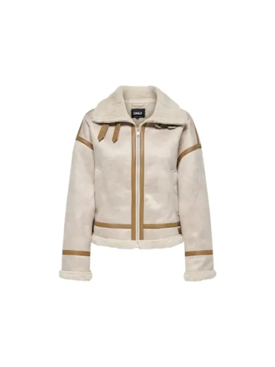 Cremefarbene Kunstleder- und Teddyjacke Only