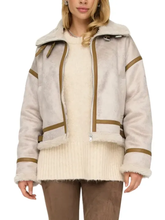Cremefarbene Kunstfell Bikerjacke Only 477525