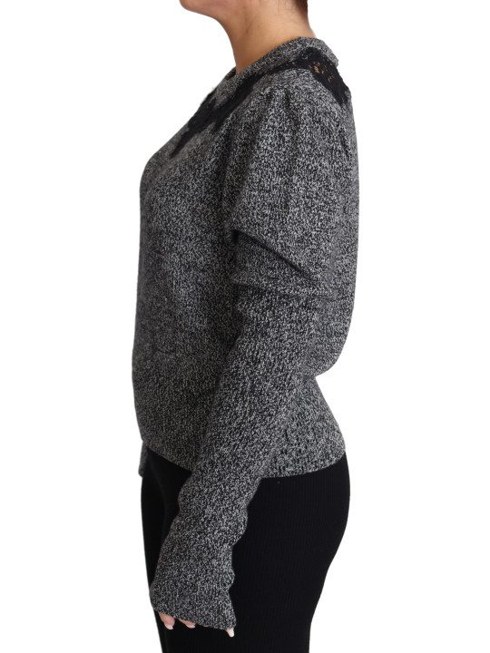 Sweaters Elegant Grey Cashmere Lace-Trim Sweater 1.240,00 € 8059226649601 | Planet-Deluxe