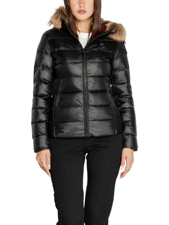 Schwarze Daunenjacke mit Fellkapuze