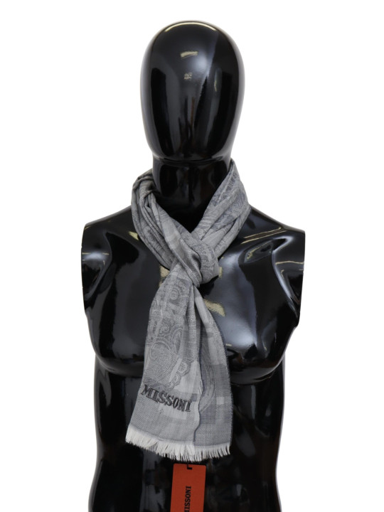 Scarves Chic Unisex Gray Wool Scarf with Logo Embroidery 310,00 € 8058301883473 | Planet-Deluxe