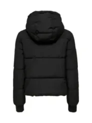 Schwarze, kurze, gepolsterte Daunenjacke mit Kapuze