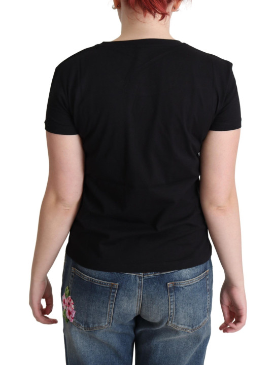 Tops & T-Shirts Chic Black Cotton Tee with Playful Print 240,00 € 889443425706 | Planet-Deluxe