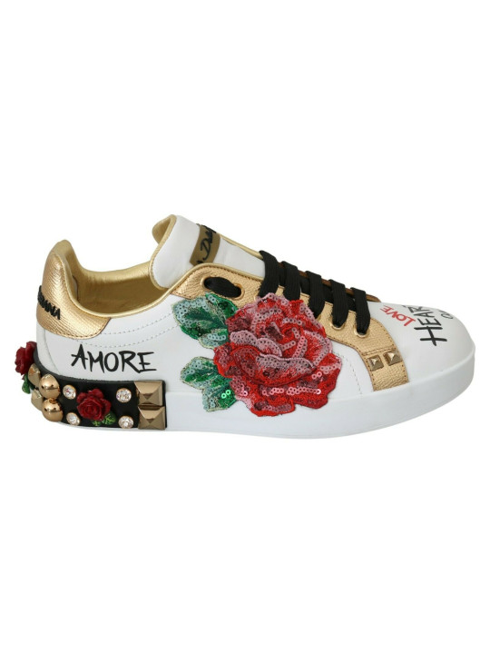 And the günstig Kaufen-Elegant Sequined Floral Leather Sneakers. Elegant Sequined Floral Leather Sneakers <![CDATA[Step into luxurious style with these Dolce & Gabbana sneakers. Adorned with pink sequined roses against a classic white and gold backdrop, they’re the epitome of
