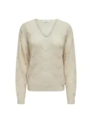 Cremefarbener Bouclé-Pullover mit V-Ausschnitt