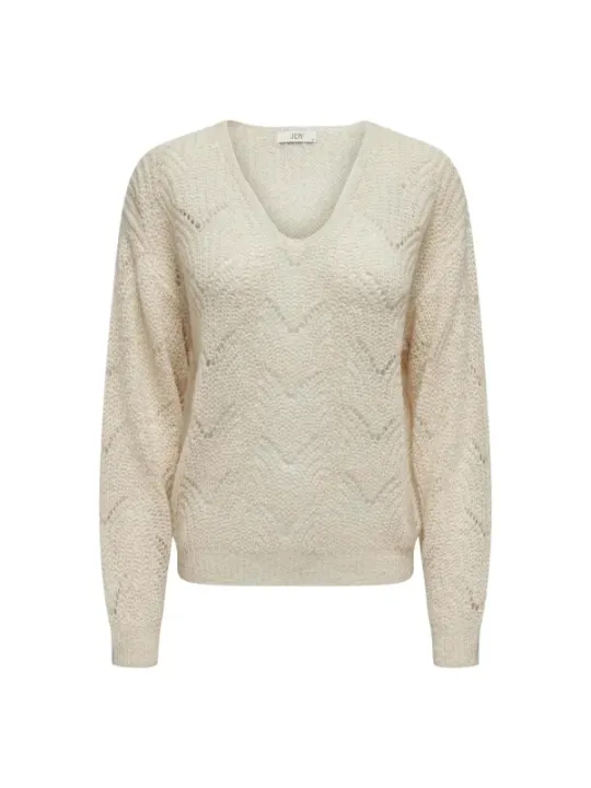 Cremefarbener Bouclé-Pullover mit V-Ausschnitt