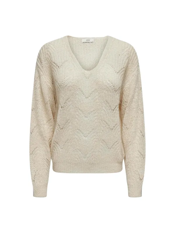 Cremefarbener Bouclé-Pullover mit V-Ausschnitt Cremefarbener Bouclé-Pullover mit V-Ausschnitt