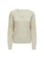 Cremefarbener Bouclé-Pullover mit V-Ausschnitt