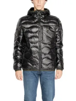 Schwarze blaue Pufferjacke mit Kapuze