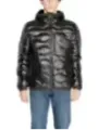 Schwarze blaue Pufferjacke mit Kapuze