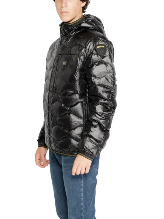 Schwarze blaue Pufferjacke mit Kapuze