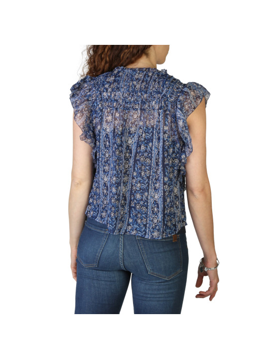 Blaue Blumenbluse mit Jeans getragen