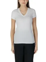 Weißes Baumwoll-V-Ausschnitt T-Shirt Damen