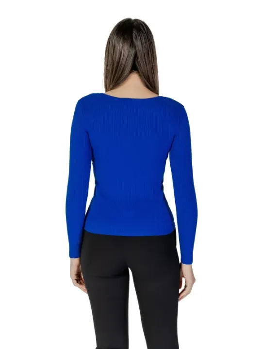 Geripptes blaues Langarm-Top hinten