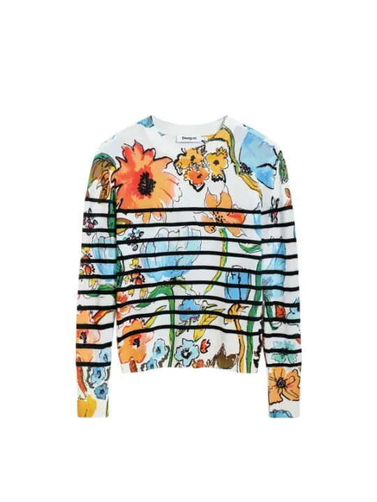 Blumiger Desigual Langarm-Pullover weiß