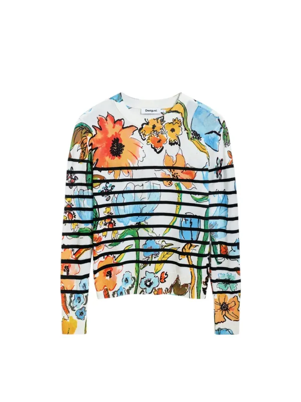Blumiger Desigual Langarm-Pullover weiß Blumiger Desigual Langarm-Pullover weiß