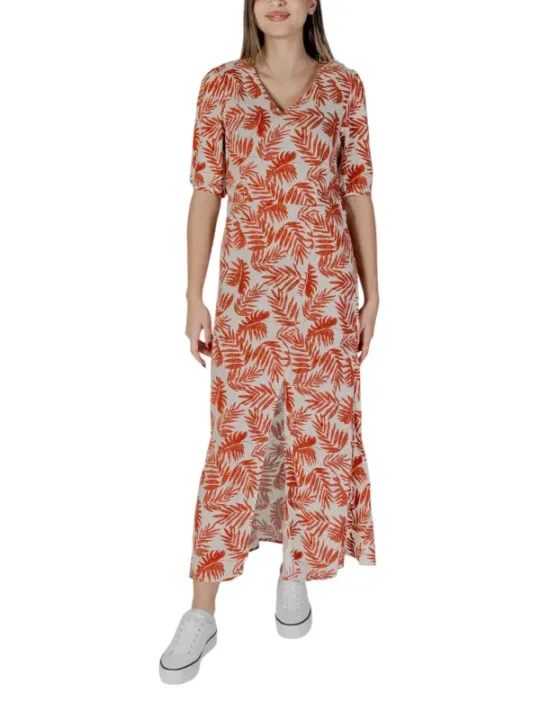 Rotes Blattmuster, cremefarbenes Maxikleid