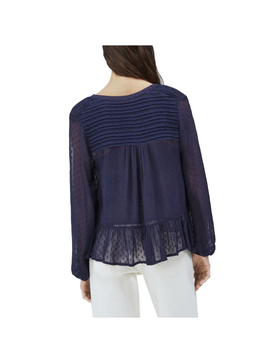 Dunkelblaue Punkt-Bluse mit Rüschen