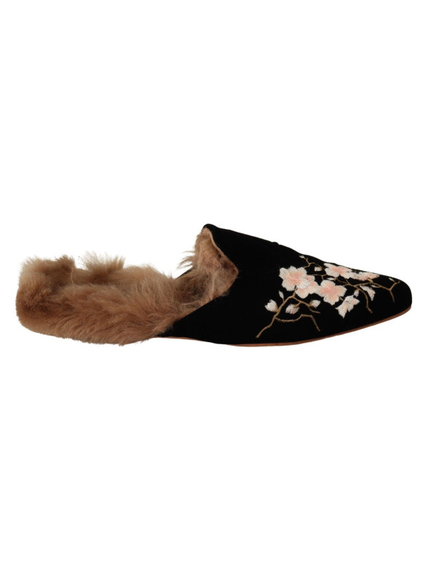 Flat Shoes Chic Black Velvet Floral Embroidered Slides 460,00 € 8058301884739 | Planet-Deluxe