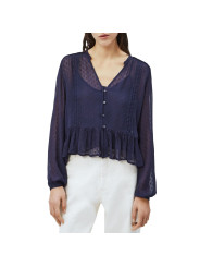 Marineblaue Bluse mit Rüschensaum