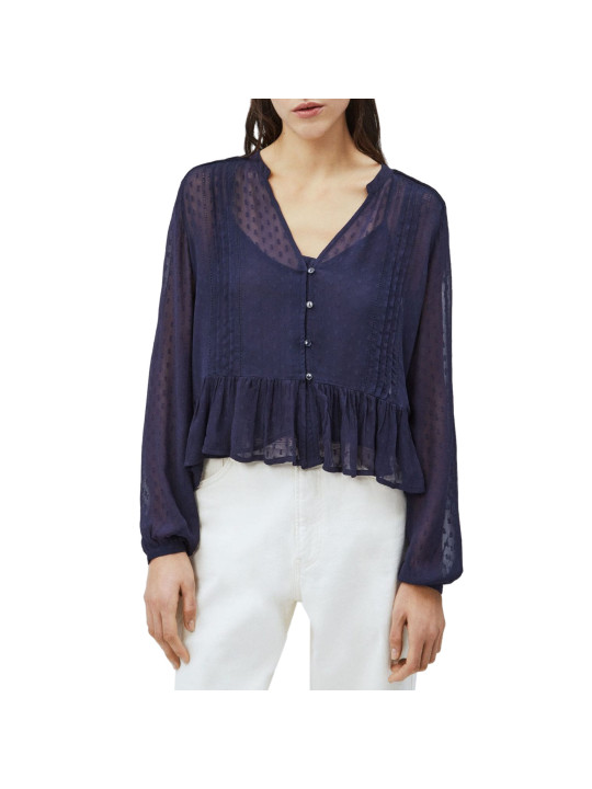 Marineblaue Bluse mit Rüschensaum