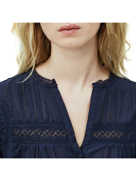 Marineblau gestreifte Damenbluse mit Spitze