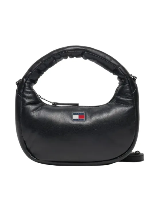 Schwarze Lederhandtasche mit gebogenem Griff
